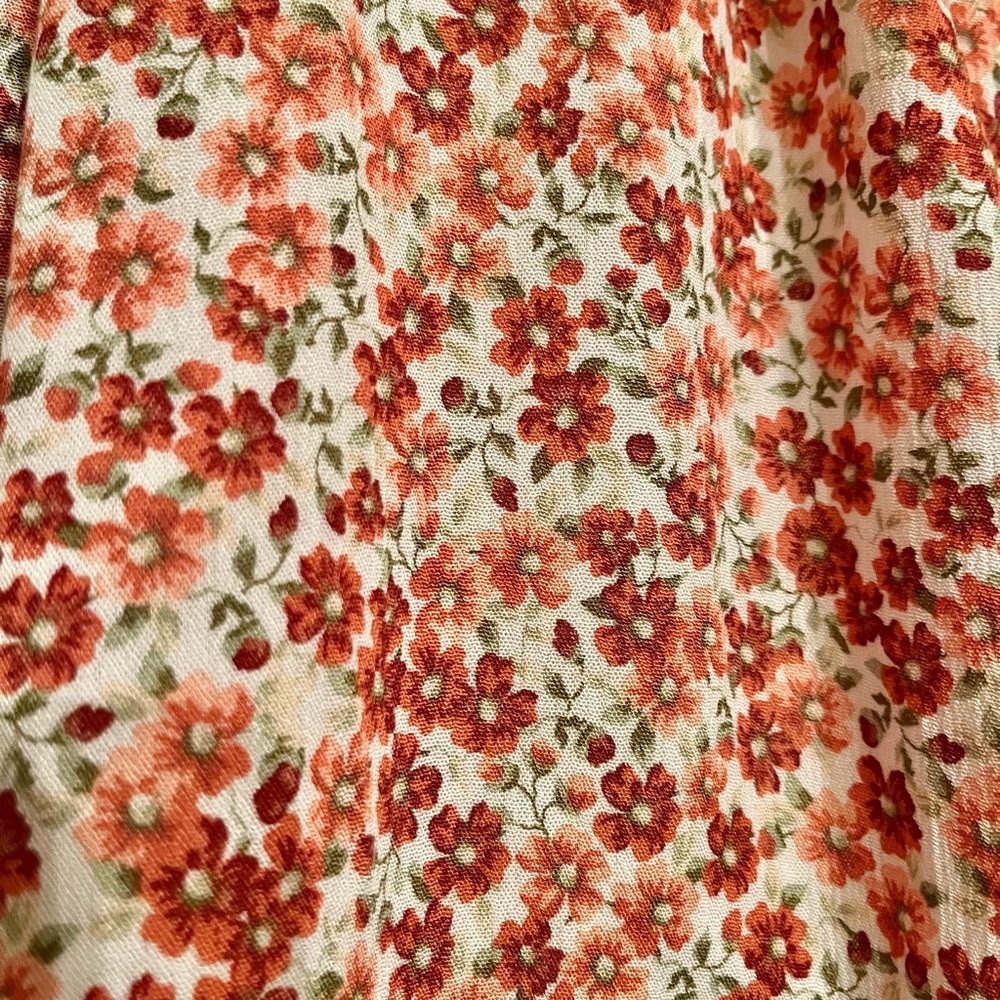 Handcrafted Floral Print Scarf in Light Pink Red and Green with Red Trim - Picture 4 of 8